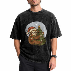 Funny Xmas Washed Cotton T-Shirt Slothin Around The Christmas Tree