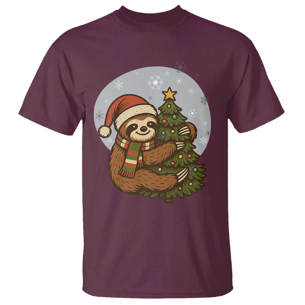 Funny Xmas T Shirt Slothin Around The Christmas Tree TS12 Maroon Print Your Wear