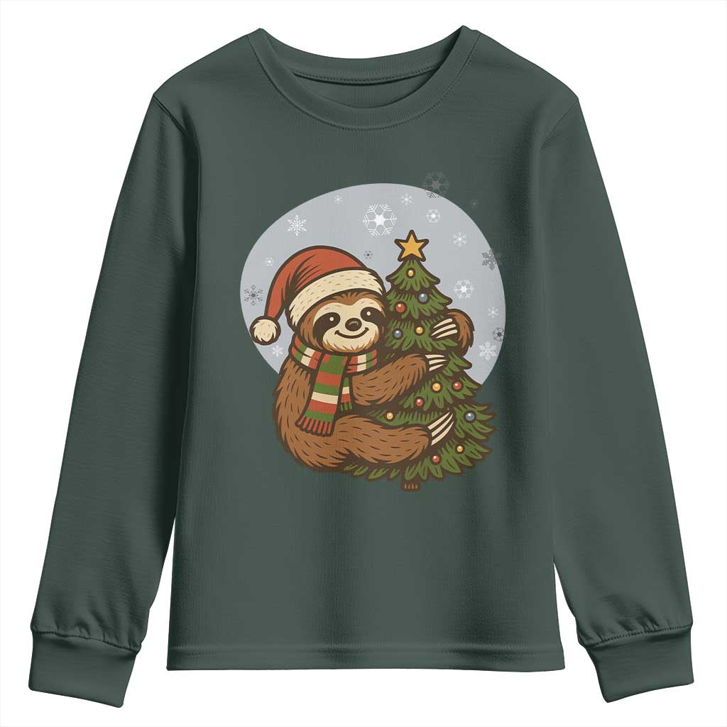 Funny Xmas Youth Sweatshirt Slothin Around The Christmas Tree TS12 Dark Forest Green Print Your Wear