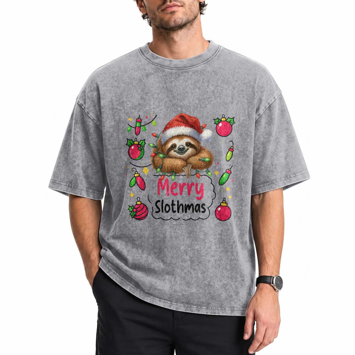 Funny Christmas Sloth Washed Cotton T-Shirt Merry Slothmas