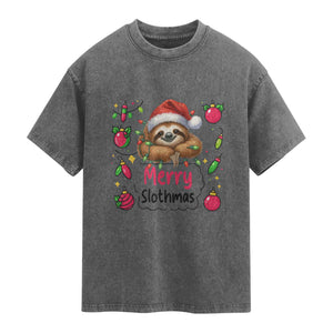 Funny Christmas Sloth Washed Cotton T-Shirt Merry Slothmas