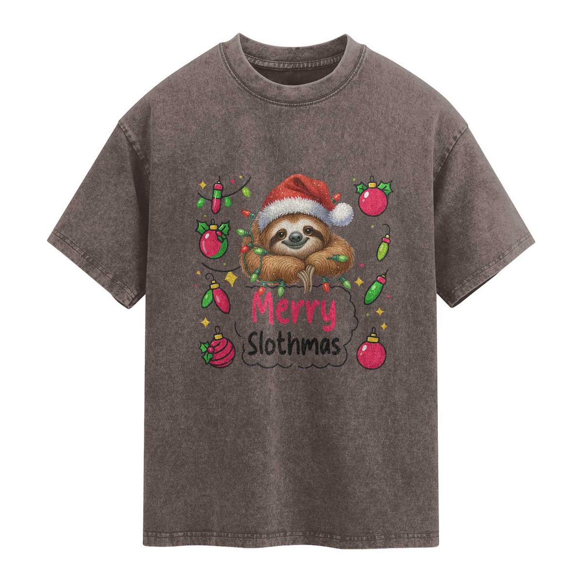 Funny Christmas Sloth Washed Cotton T-Shirt Merry Slothmas