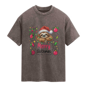 Funny Christmas Sloth Washed Cotton T-Shirt Merry Slothmas