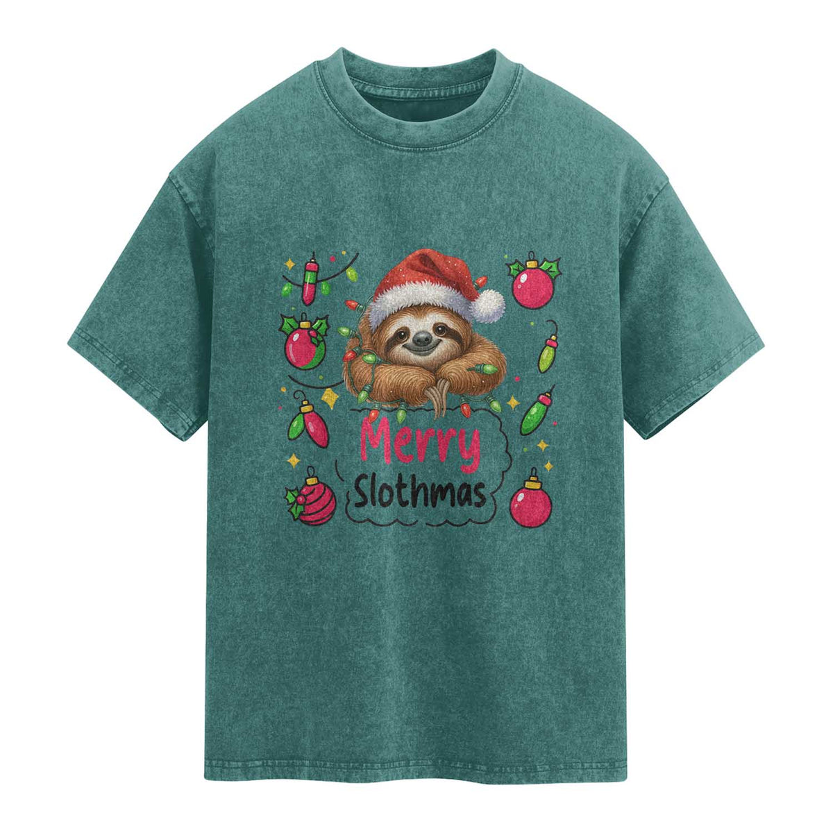 Funny Christmas Sloth Washed Cotton T-Shirt Merry Slothmas