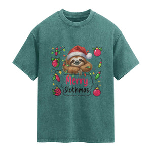 Funny Christmas Sloth Washed Cotton T-Shirt Merry Slothmas