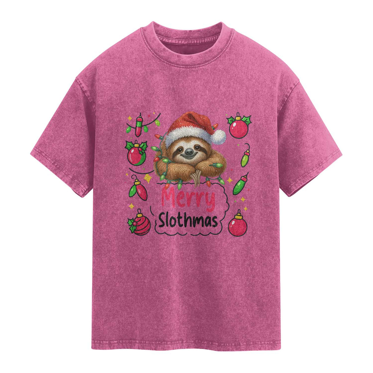 Funny Christmas Sloth Washed Cotton T-Shirt Merry Slothmas