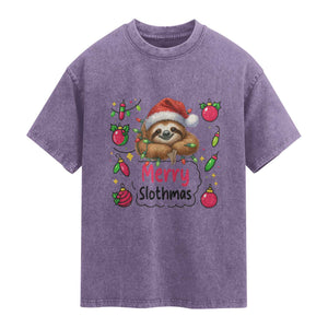 Funny Christmas Sloth Washed Cotton T-Shirt Merry Slothmas