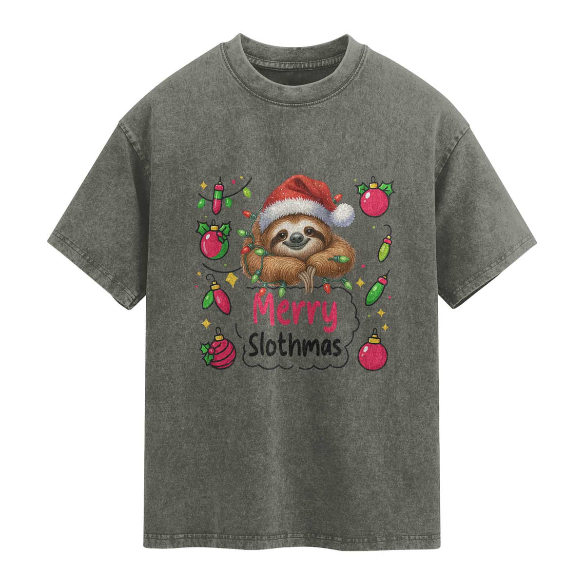 Funny Christmas Sloth Washed Cotton T-Shirt Merry Slothmas