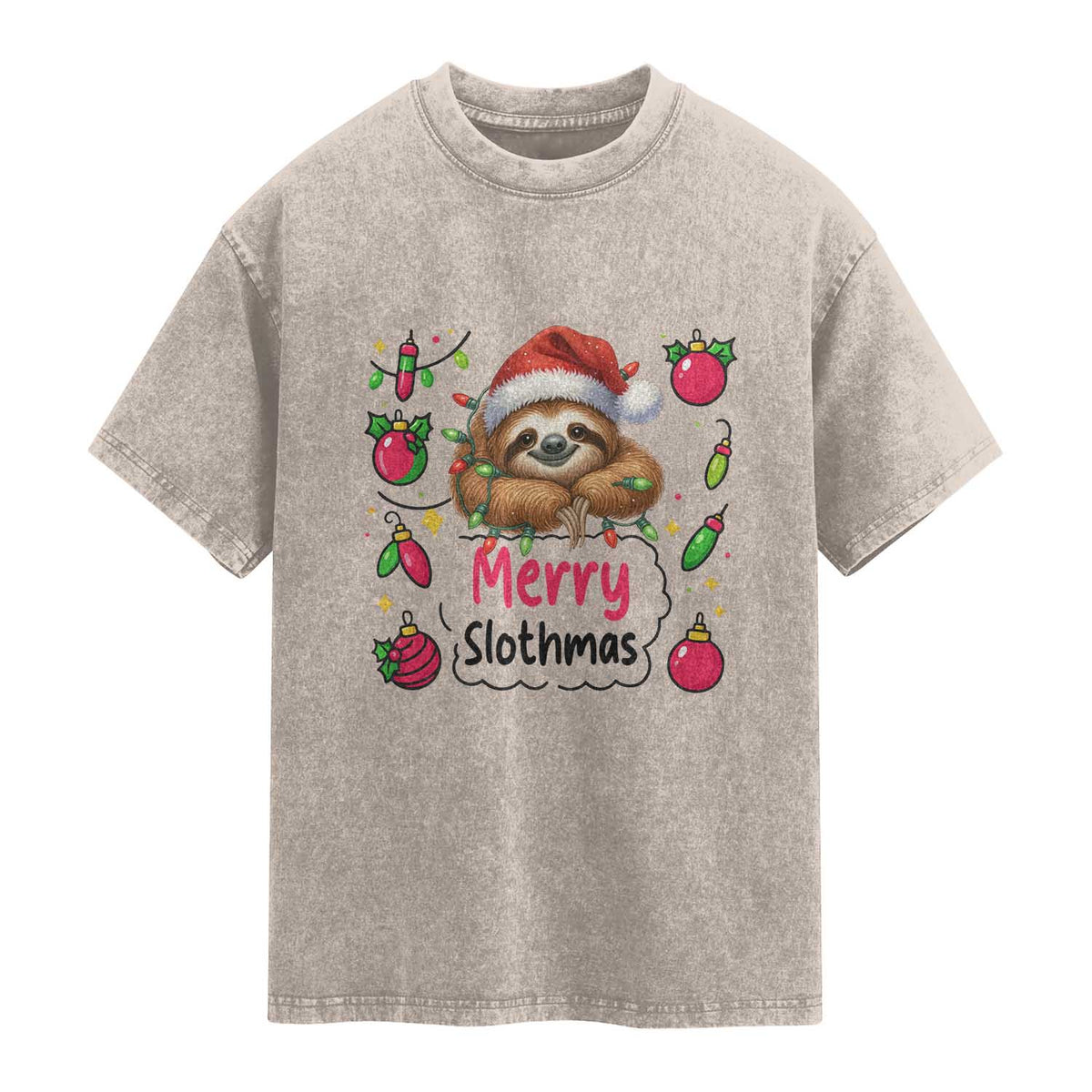 Funny Christmas Sloth Washed Cotton T-Shirt Merry Slothmas
