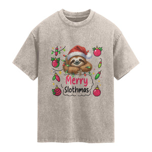 Funny Christmas Sloth Washed Cotton T-Shirt Merry Slothmas