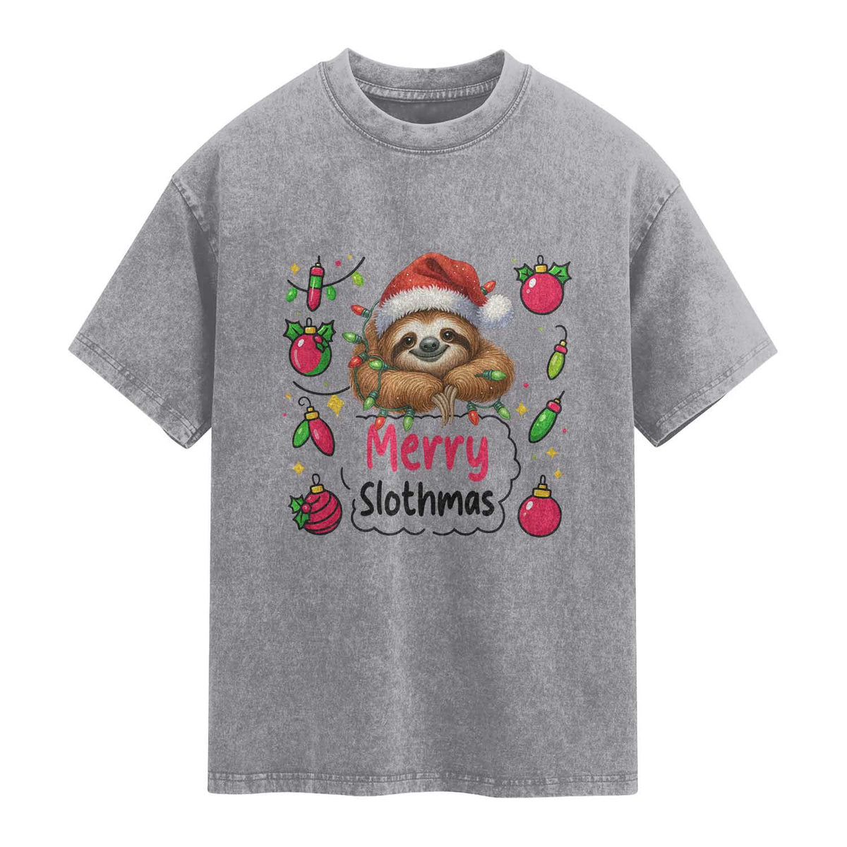 Funny Christmas Sloth Washed Cotton T-Shirt Merry Slothmas