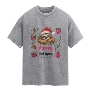 Funny Christmas Sloth Washed Cotton T-Shirt Merry Slothmas