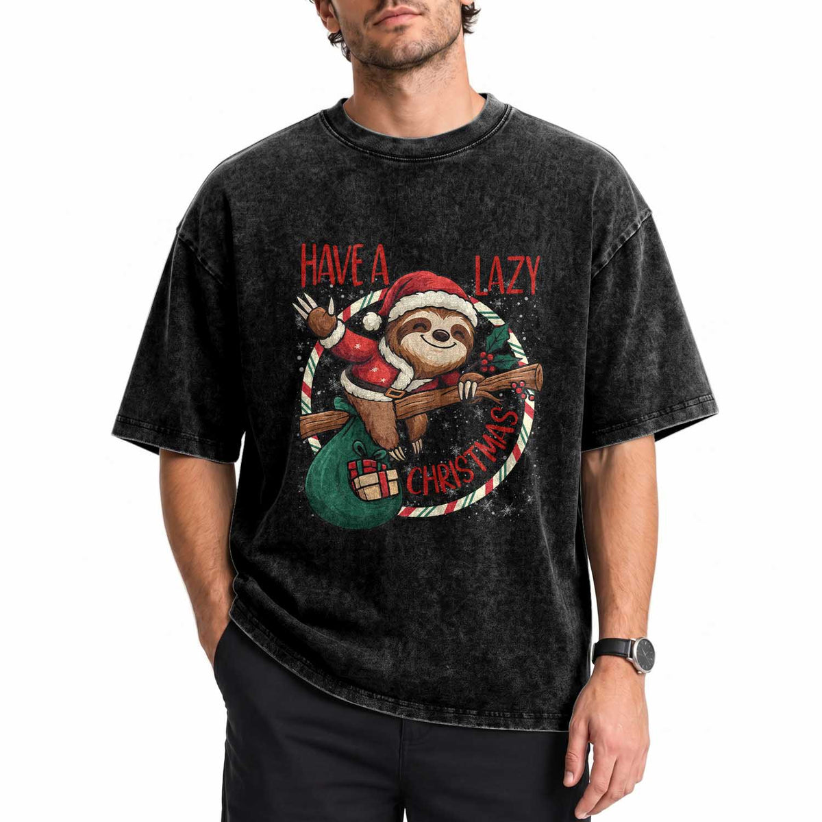 Have A Lazy Christmas Washed Cotton T-Shirt Cute Xmas Sloth