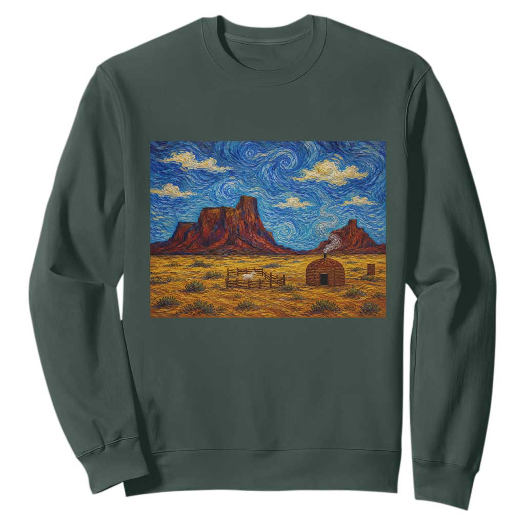 Starry Night Desert Monument Valley Sweatshirt Hogan Home Oil Painting Graphic TS12 Dark Forest Green Print Your Wear