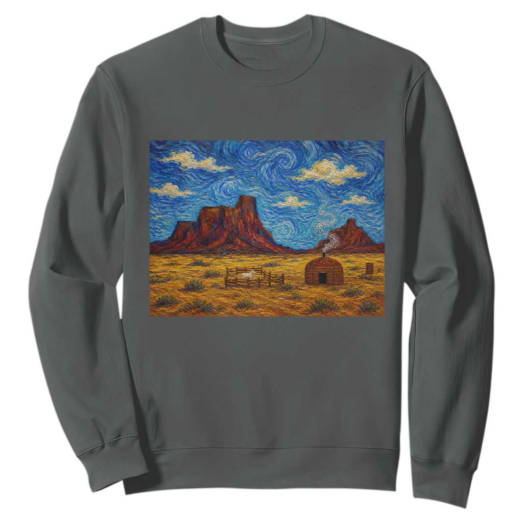 Starry Night Desert Monument Valley Sweatshirt Hogan Home Oil Painting Graphic TS12 Dark Heather Print Your Wear