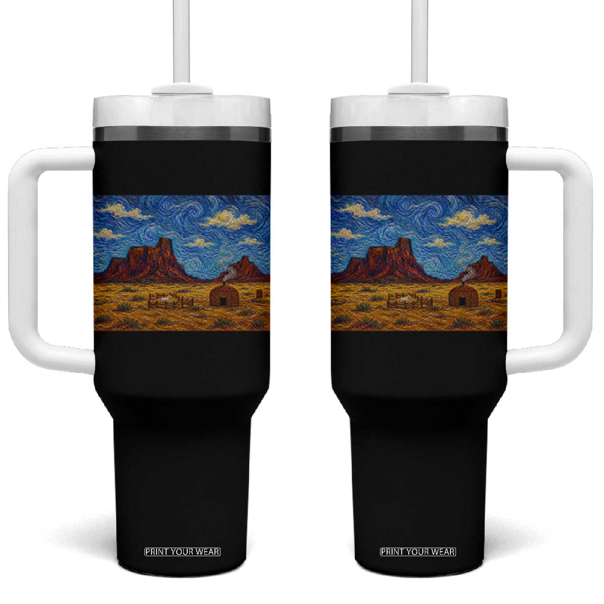 Starry Night Desert Monument Valley Tumbler With Handle Hogan Home Oil Painting Graphic TS12 One Size: 40 oz Black Print Your Wear