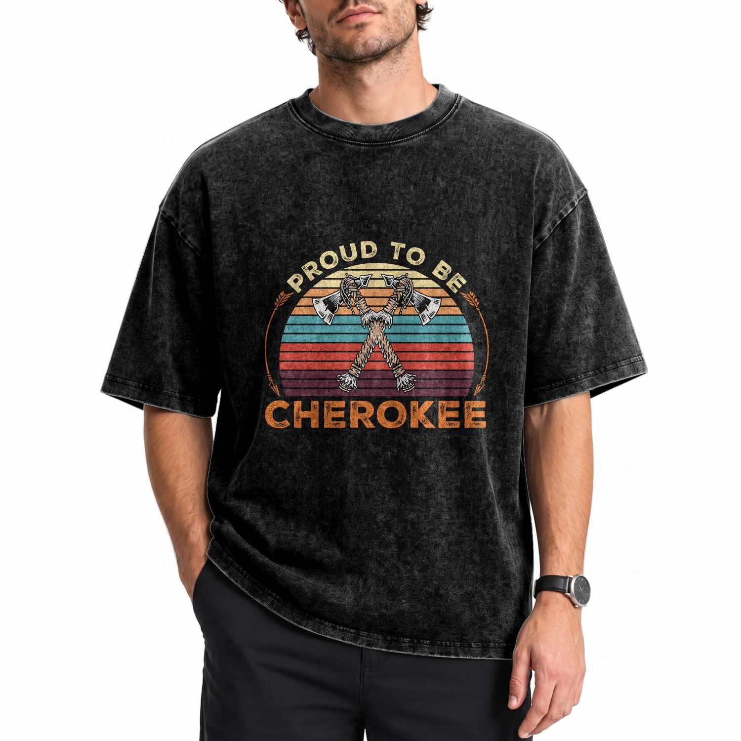 Cherokee Heritage Pride Washed Cotton T-Shirt Vintage Sunset Tomahawk Native American Graphic