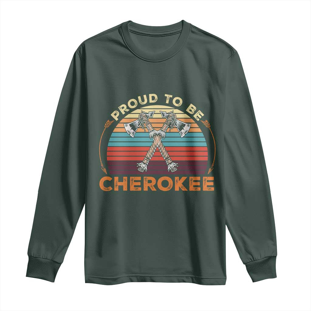 Cherokee Heritage Pride Long Sleeve Shirt Vintage Sunset Tomahawk Native American Graphic TS12 Dark Forest Green Print Your Wear