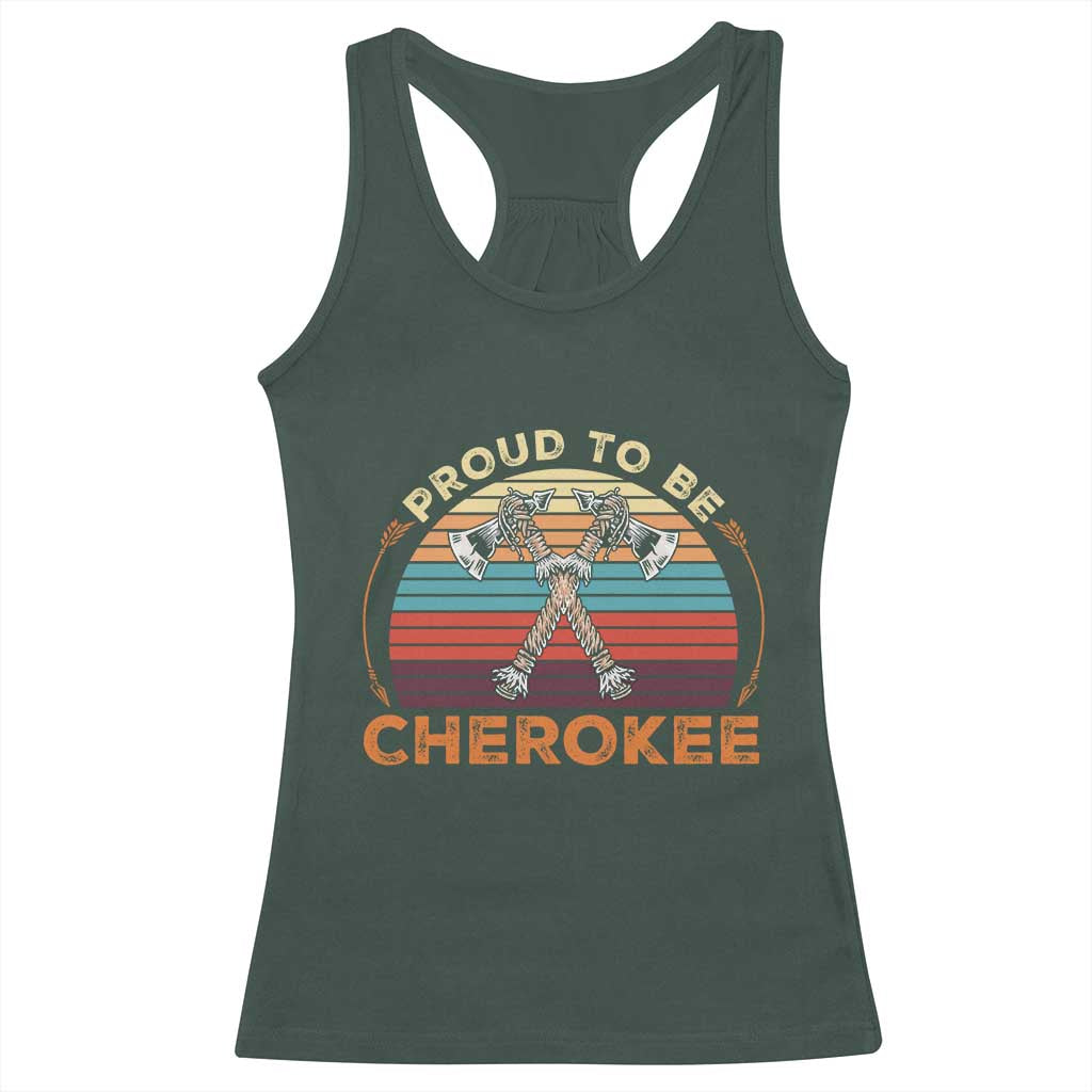Cherokee Heritage Pride Racerback Tank Top Vintage Sunset Tomahawk Native American Graphic TS12 Dark Forest Green Print Your Wear