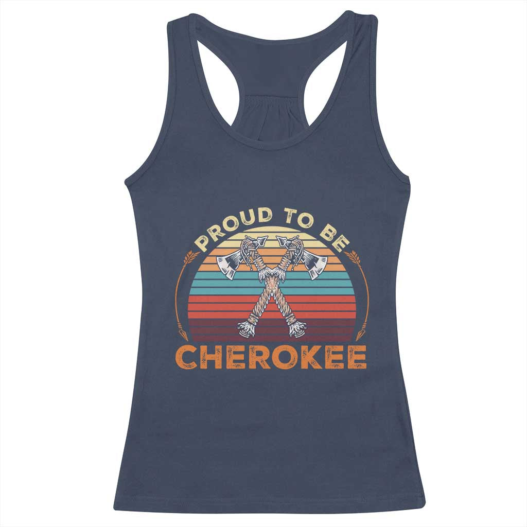 Cherokee Heritage Pride Racerback Tank Top Vintage Sunset Tomahawk Native American Graphic TS12 Navy Print Your Wear