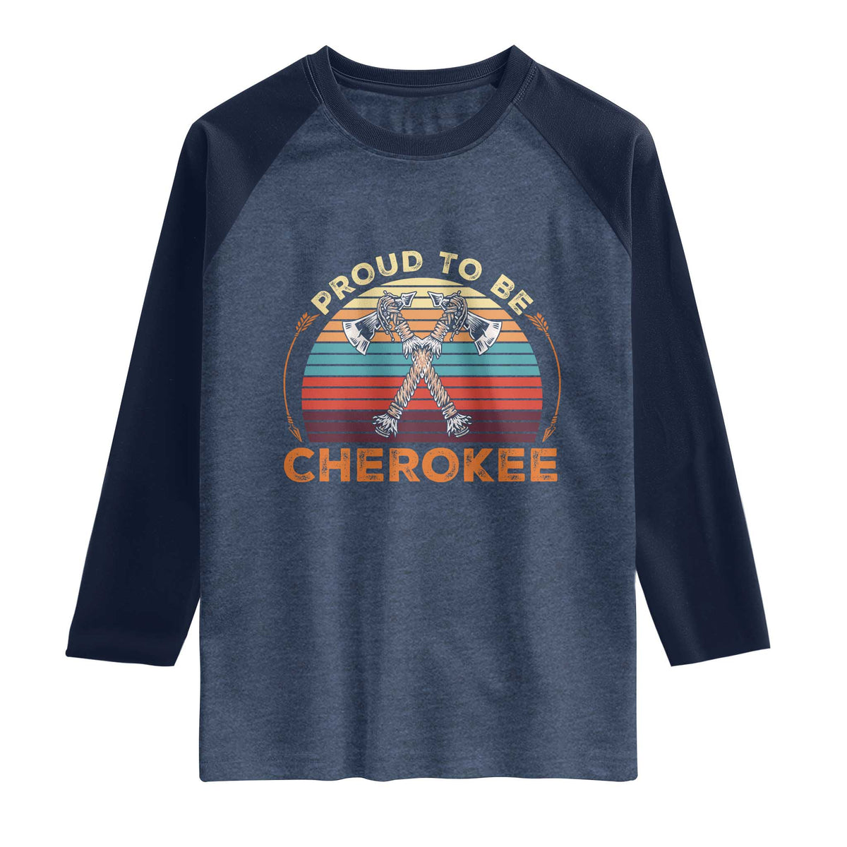 Cherokee Heritage Pride Raglan Shirt Vintage Sunset Tomahawk Native American Graphic TS12 Heather Denim Navy Print Your Wear