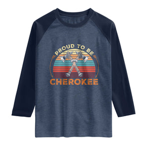 Cherokee Heritage Pride Raglan Shirt Vintage Sunset Tomahawk Native American Graphic TS12 Heather Denim Navy Print Your Wear
