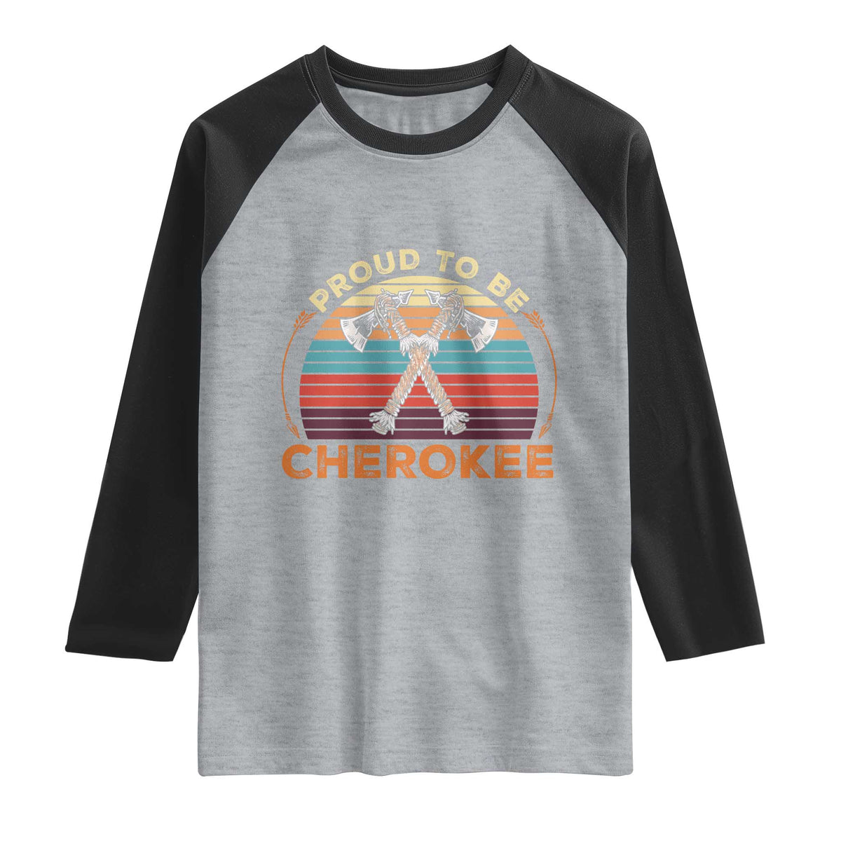 Cherokee Heritage Pride Raglan Shirt Vintage Sunset Tomahawk Native American Graphic TS12 Heather Gray Black Print Your Wear