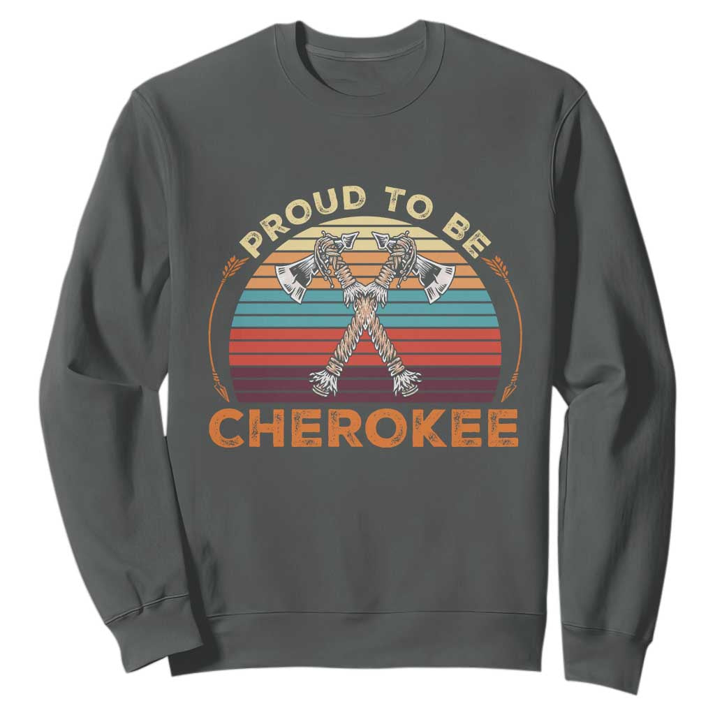 Cherokee Heritage Pride Sweatshirt Vintage Sunset Tomahawk Native American Graphic TS12 Dark Heather Print Your Wear