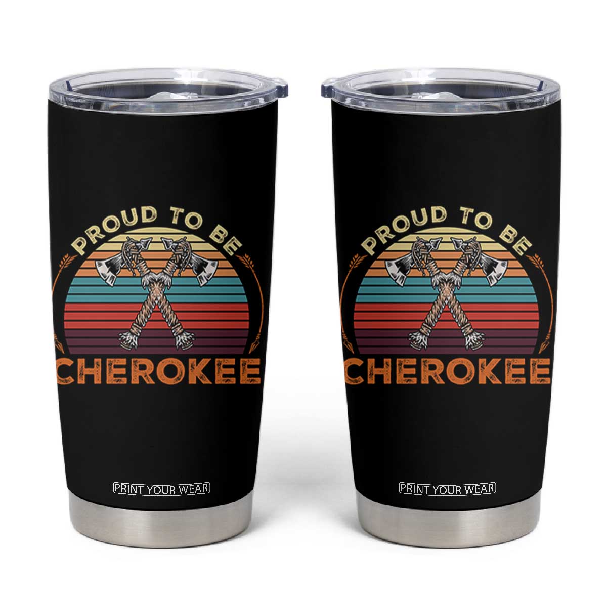 Cherokee Heritage Pride Tumbler Cup Vintage Sunset Tomahawk Native American Graphic TS12 Black Print Your Wear