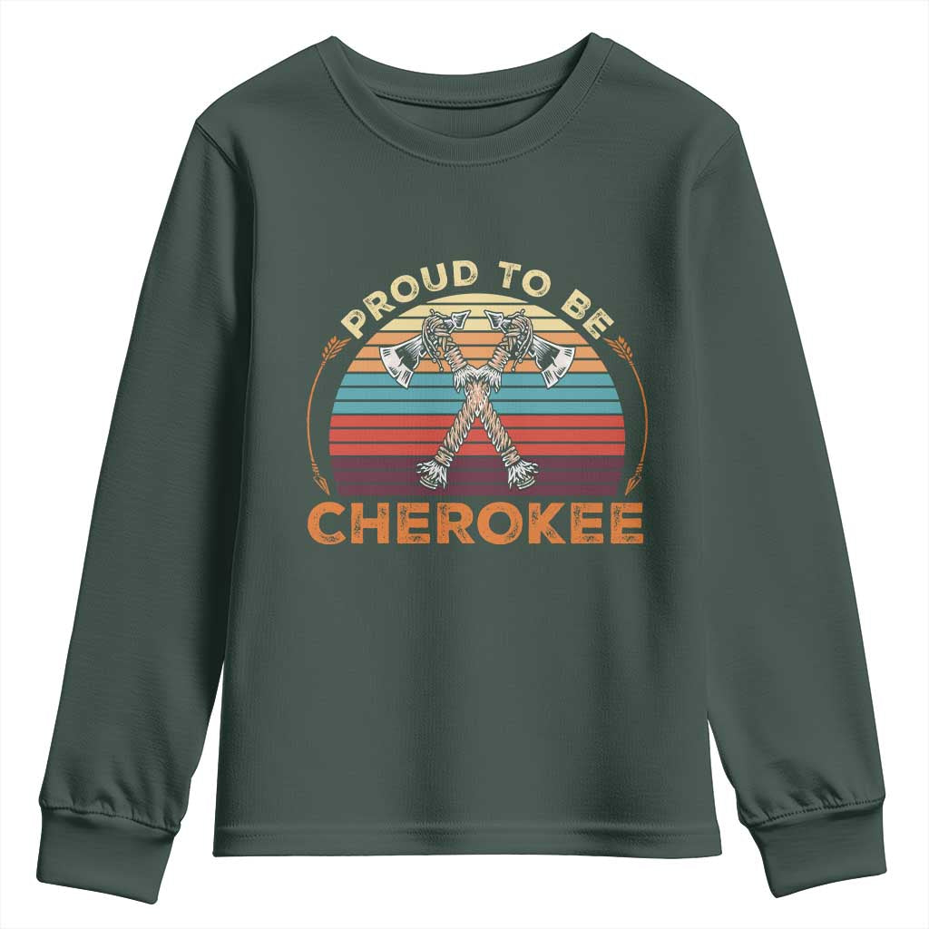 Cherokee Heritage Pride Youth Sweatshirt Vintage Sunset Tomahawk Native American Graphic TS12 Dark Forest Green Print Your Wear