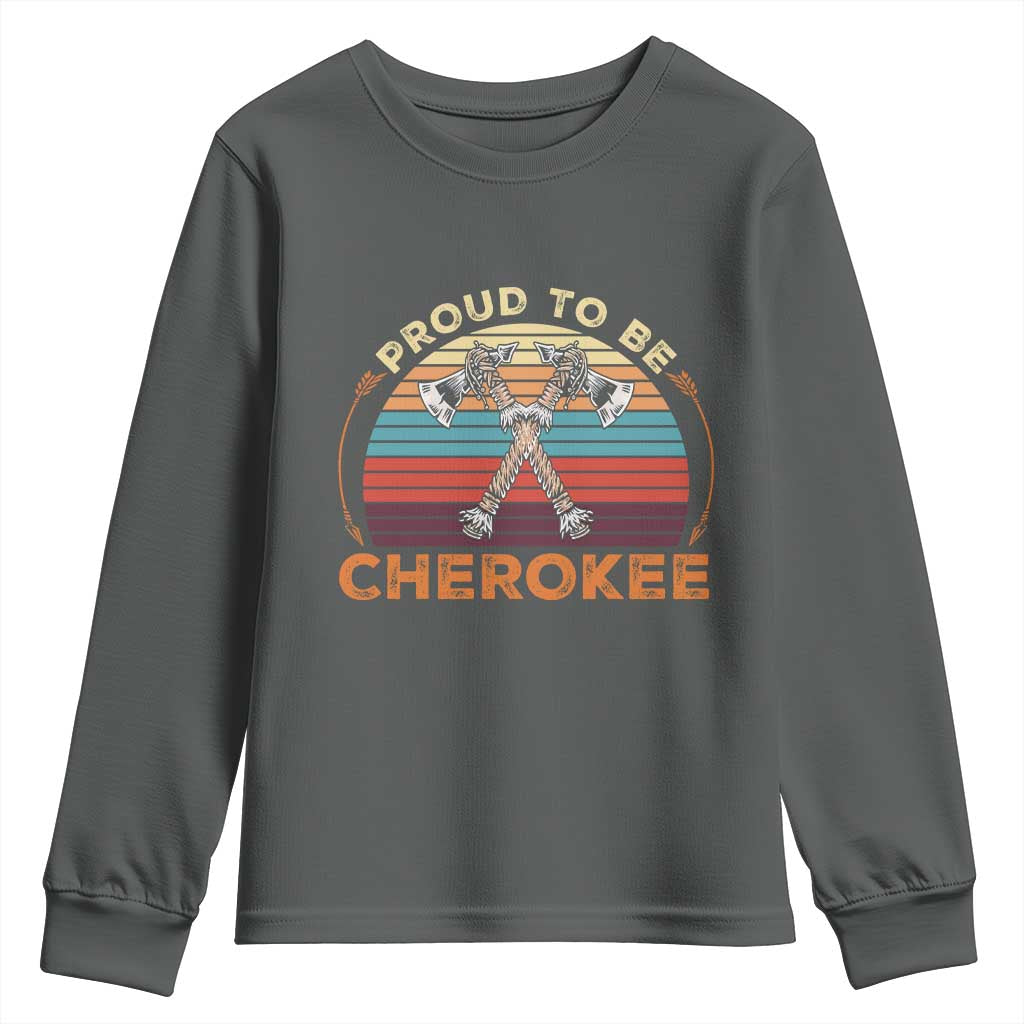 Cherokee Heritage Pride Youth Sweatshirt Vintage Sunset Tomahawk Native American Graphic TS12 Dark Heather Print Your Wear