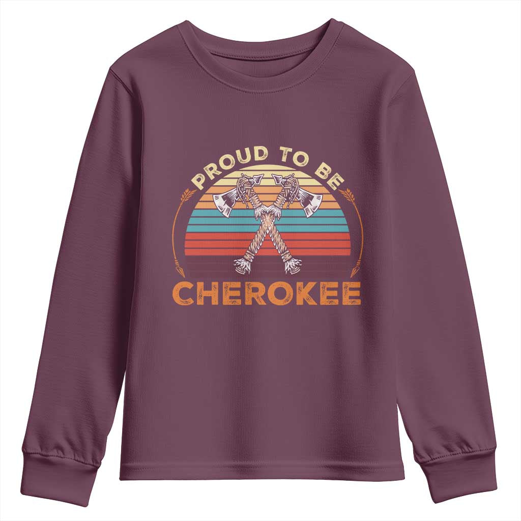 Cherokee Heritage Pride Youth Sweatshirt Vintage Sunset Tomahawk Native American Graphic TS12 Maroon Print Your Wear