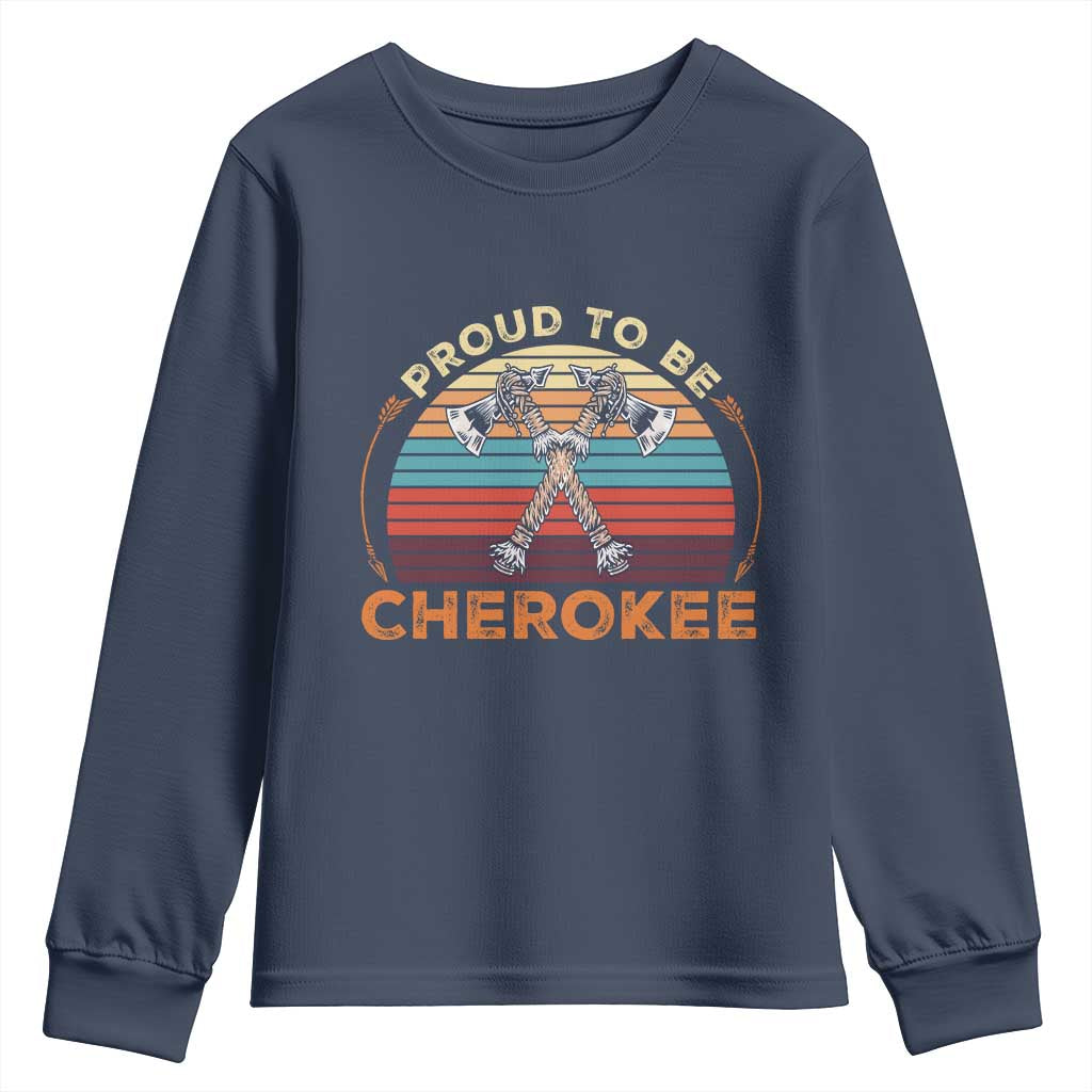 Cherokee Heritage Pride Youth Sweatshirt Vintage Sunset Tomahawk Native American Graphic TS12 Navy Print Your Wear