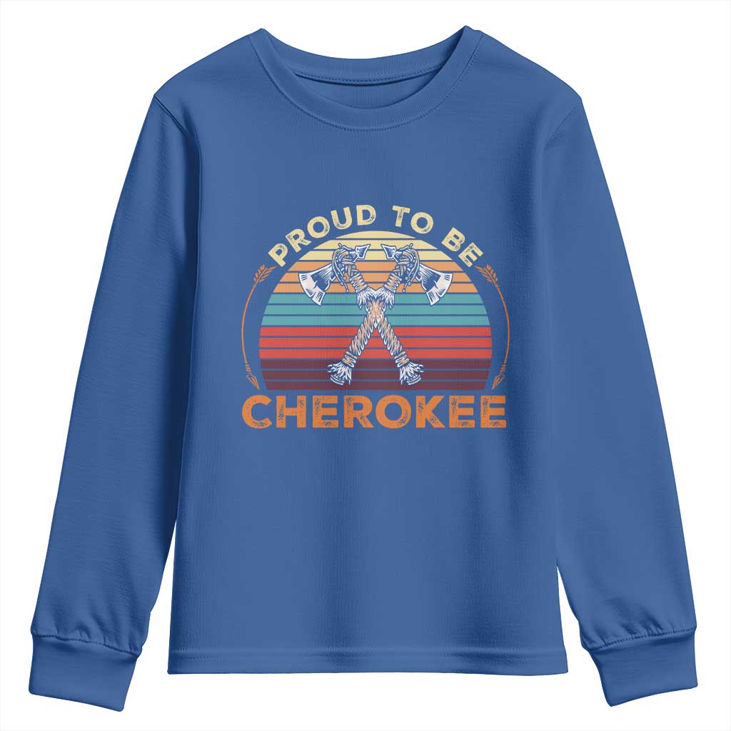Cherokee Heritage Pride Youth Sweatshirt Vintage Sunset Tomahawk Native American Graphic TS12 Royal Blue Print Your Wear