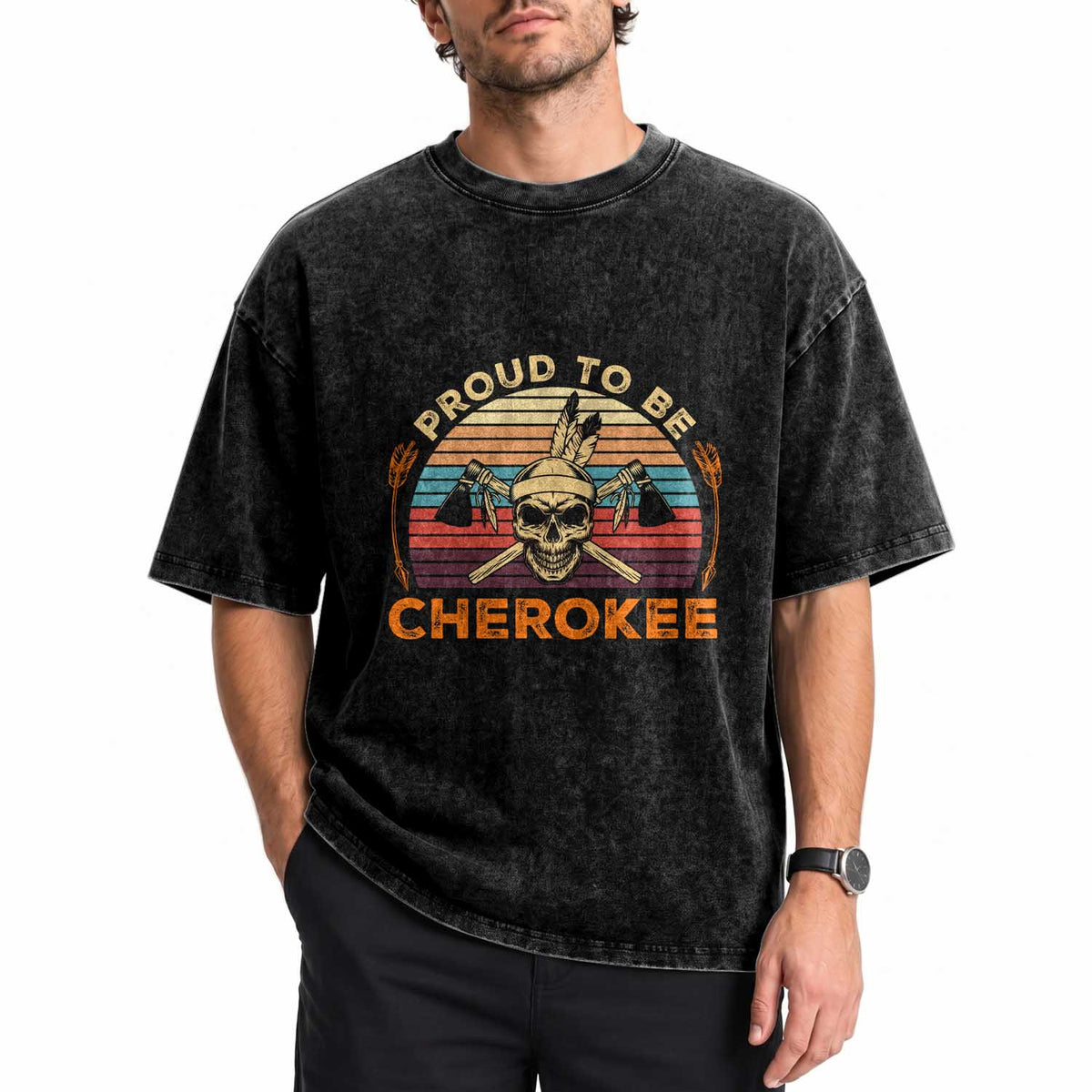 Cherokee Heritage Pride Washed Cotton T-Shirt Vintage Native American Warrior Skull