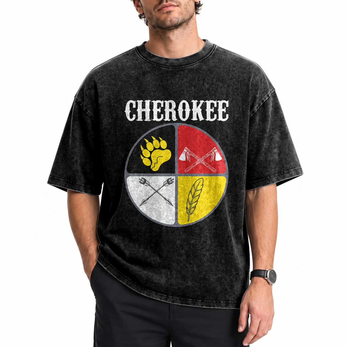 Cherokee Cultural Pride Washed Cotton T-Shirt Native American Medicine Wheel Art