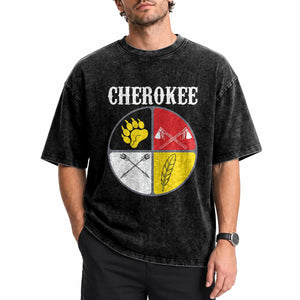 Cherokee Cultural Pride Washed Cotton T-Shirt Native American Medicine Wheel Art