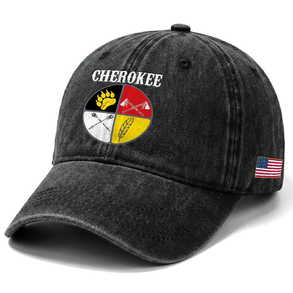 Cherokee Cultural Pride Washed Cotton Baseball Cap Native American Medicine Wheel Art TS12 Print Your Wear