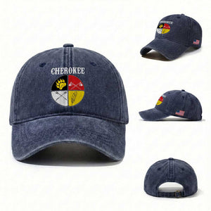 Cherokee Cultural Pride Washed Cotton Baseball Cap Native American Medicine Wheel Art TS12 Washed Cap Universal Fit Navy Print Your Wear