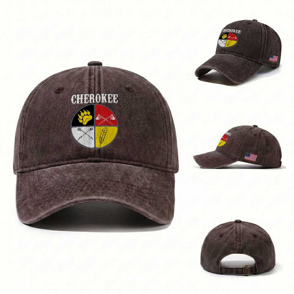 Cherokee Cultural Pride Washed Cotton Baseball Cap Native American Medicine Wheel Art TS12 Washed Cap Universal Fit Dark Brown Print Your Wear