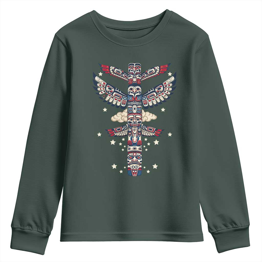 Native American Totem Pole Youth Sweatshirt Pacific Northwest Indigenous Tribal TS12 Dark Forest Green Print Your Wear