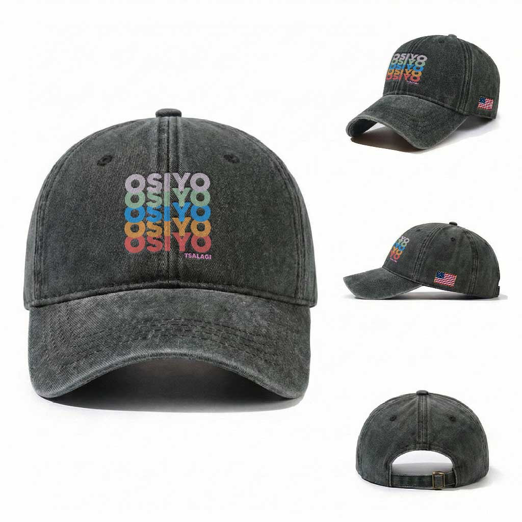 Osiyo Tsalagi Cherokee Native American Pride Washed Cotton Baseball Cap Retro Stacked Typography TS12 Washed Cap Universal Fit Dark Green Print Your Wear