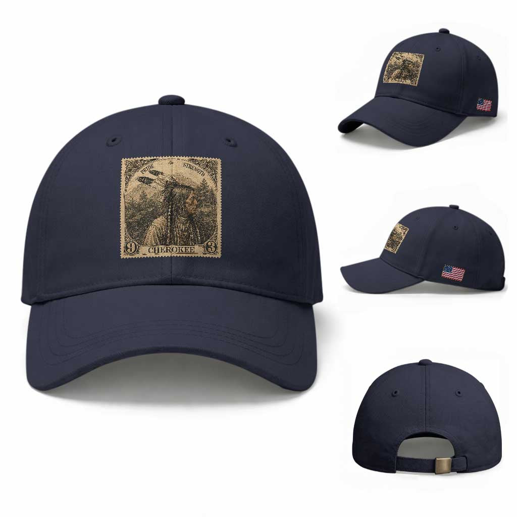 Cherokee Pride Strength Baseball Cap Native American Vintage Postage Stamp Graphic TS12 Baseball Cap Universal Fit Navy Print Your Wear
