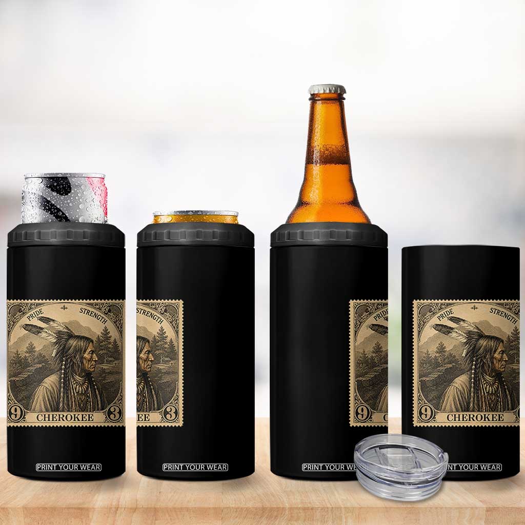 Cherokee Pride Strength 4 in 1 Can Cooler Tumbler Native American Vintage Postage Stamp Graphic TS12 Print Your Wear