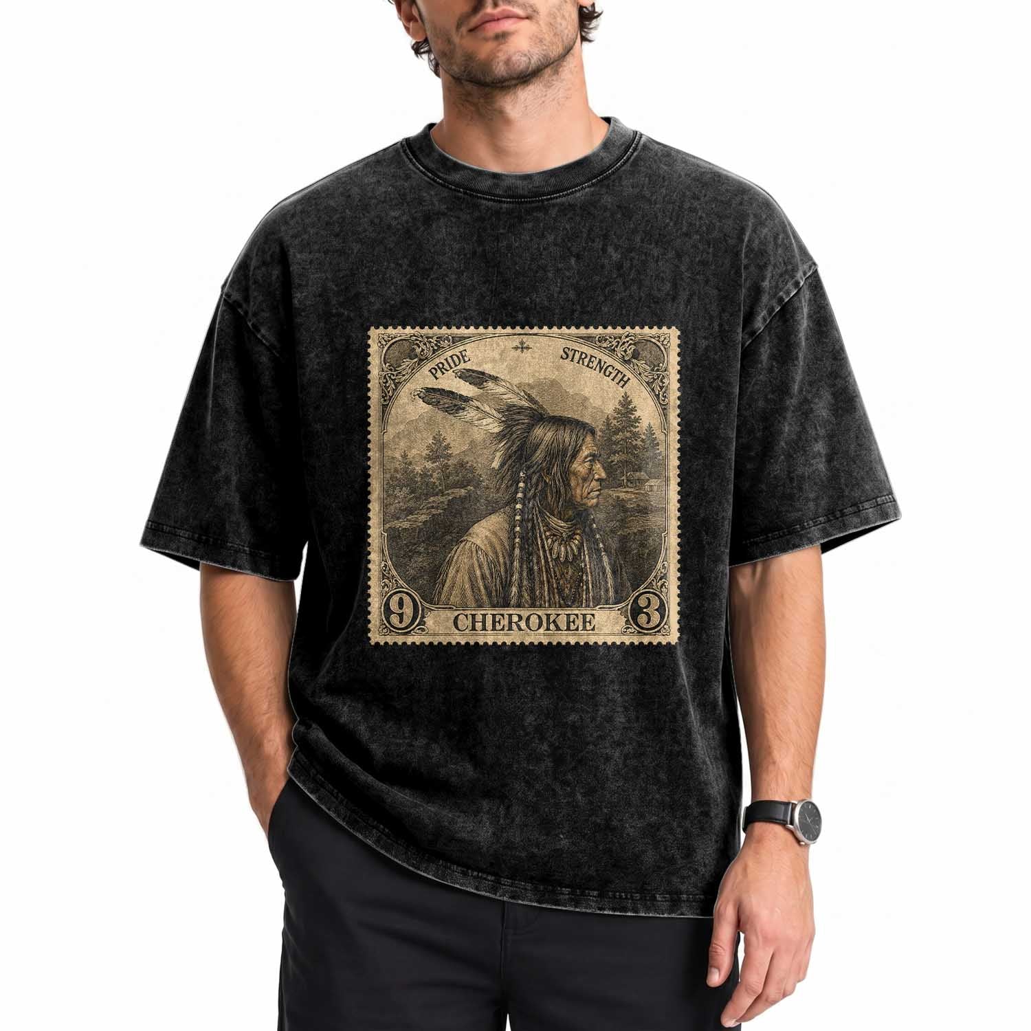 Cherokee Pride Strength Washed Cotton T-Shirt Native American Vintage Postage Stamp Graphic