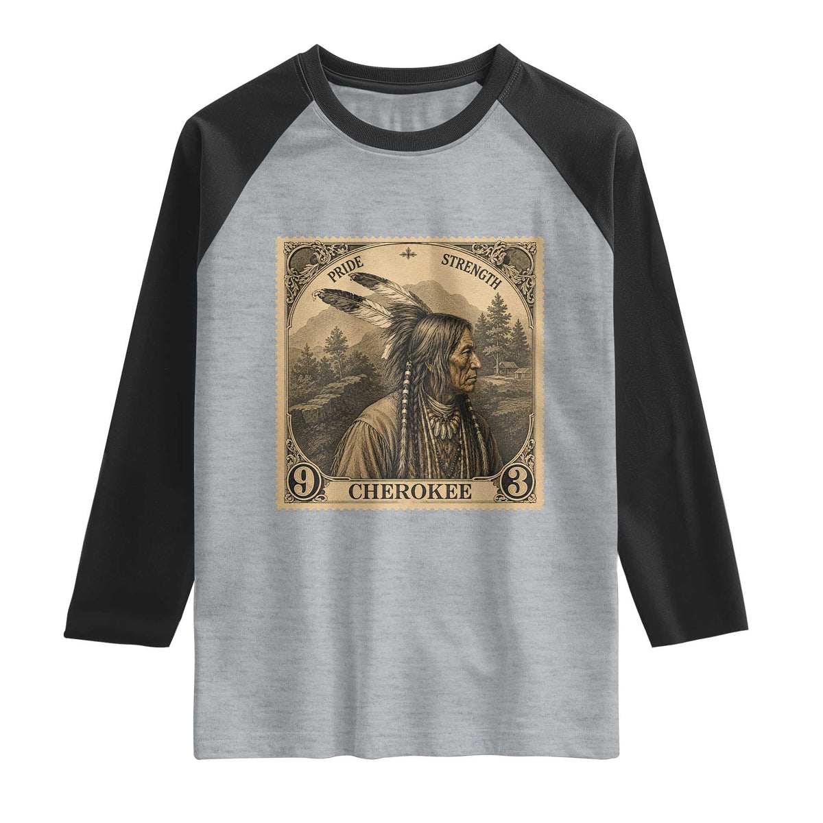 Cherokee Pride Strength Raglan Shirt Native American Vintage Postage Stamp Graphic TS12 Heather Gray Black Print Your Wear