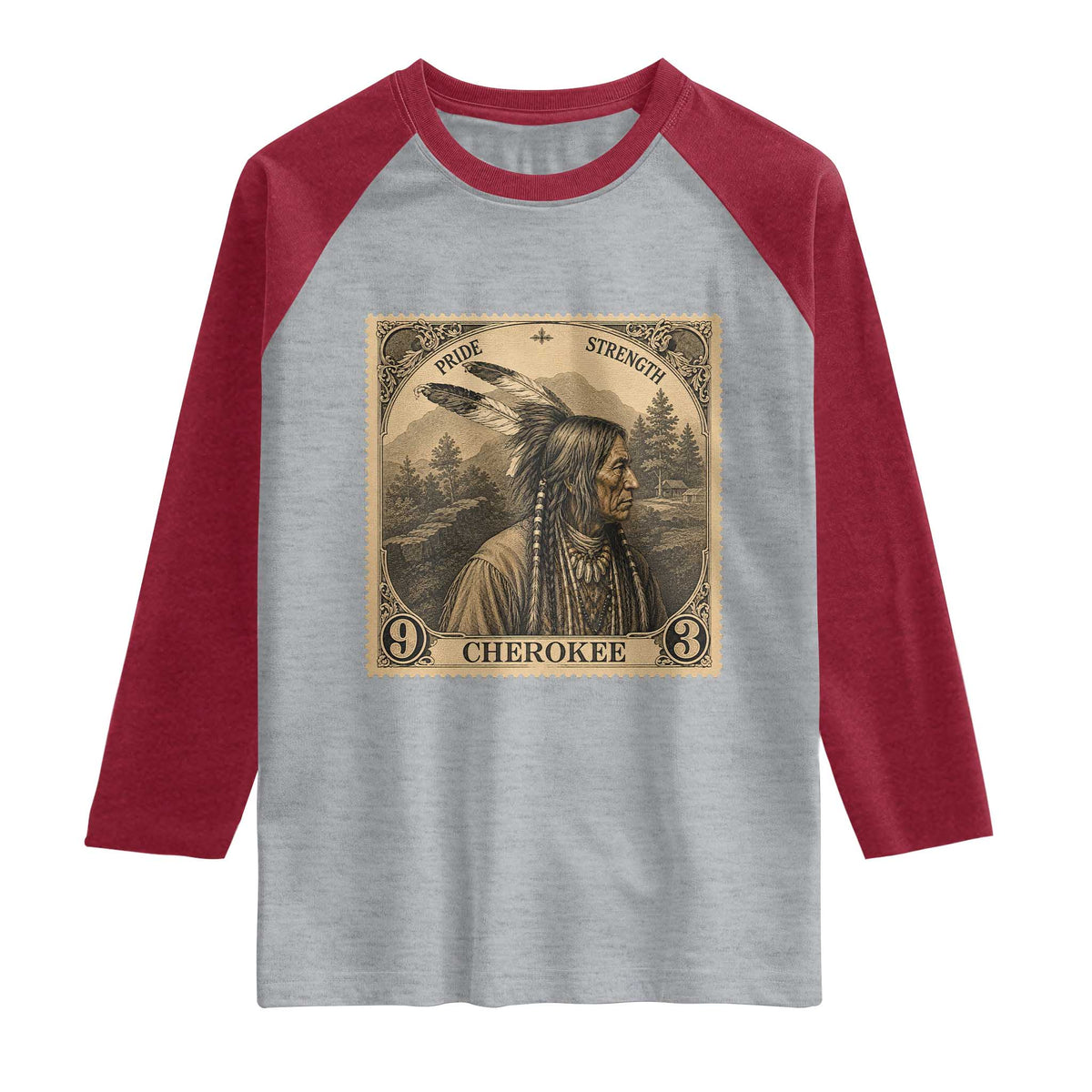 Cherokee Pride Strength Raglan Shirt Native American Vintage Postage Stamp Graphic TS12 Heather Gray Heather Red Print Your Wear