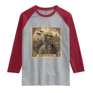Cherokee Pride Strength Raglan Shirt Native American Vintage Postage Stamp Graphic TS12 Heather Gray Heather Red Print Your Wear