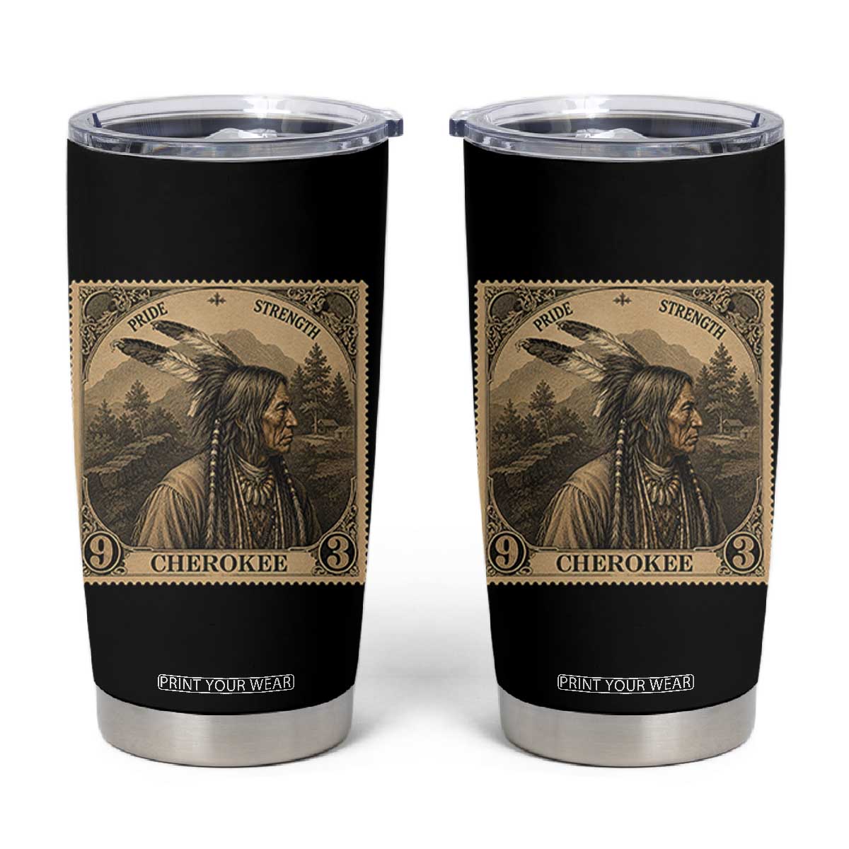 Cherokee Pride Strength Tumbler Cup Native American Vintage Postage Stamp Graphic TS12 Black Print Your Wear