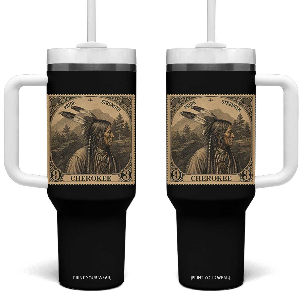 Cherokee Pride Strength Tumbler With Handle Native American Vintage Postage Stamp Graphic TS12 One Size: 40 oz Black Print Your Wear